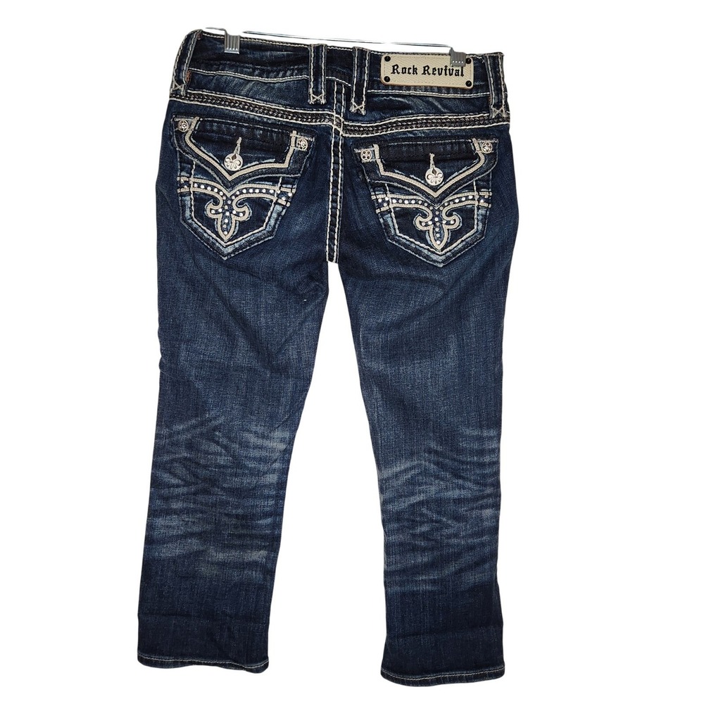ROCK REVIVAL Noelle Capri Jeans Womens 25 Dark Blue Denim Embellished Rhinestone - Picture 2 of 15